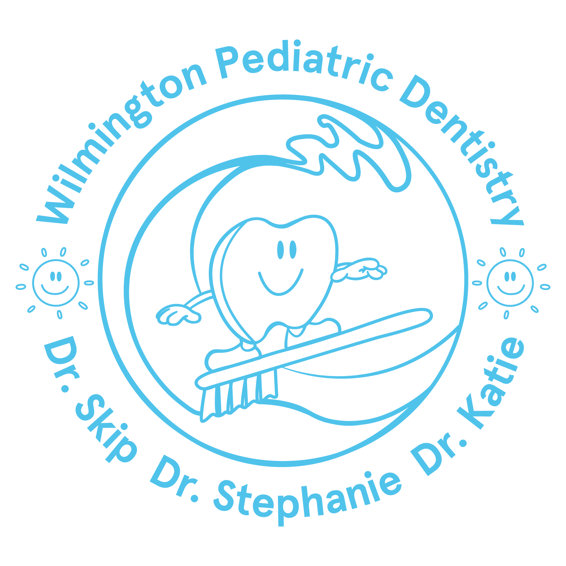 Wilmington Pediatric Dentistry light-blue logo featuring a smiling tooth surfing on a toothbrush wave with sun icons.